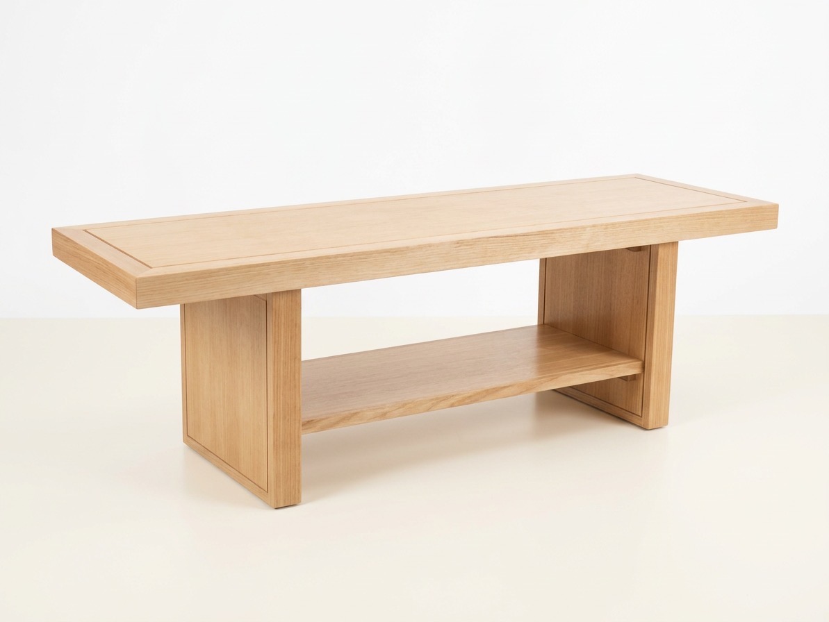 Low timber bench with shelf