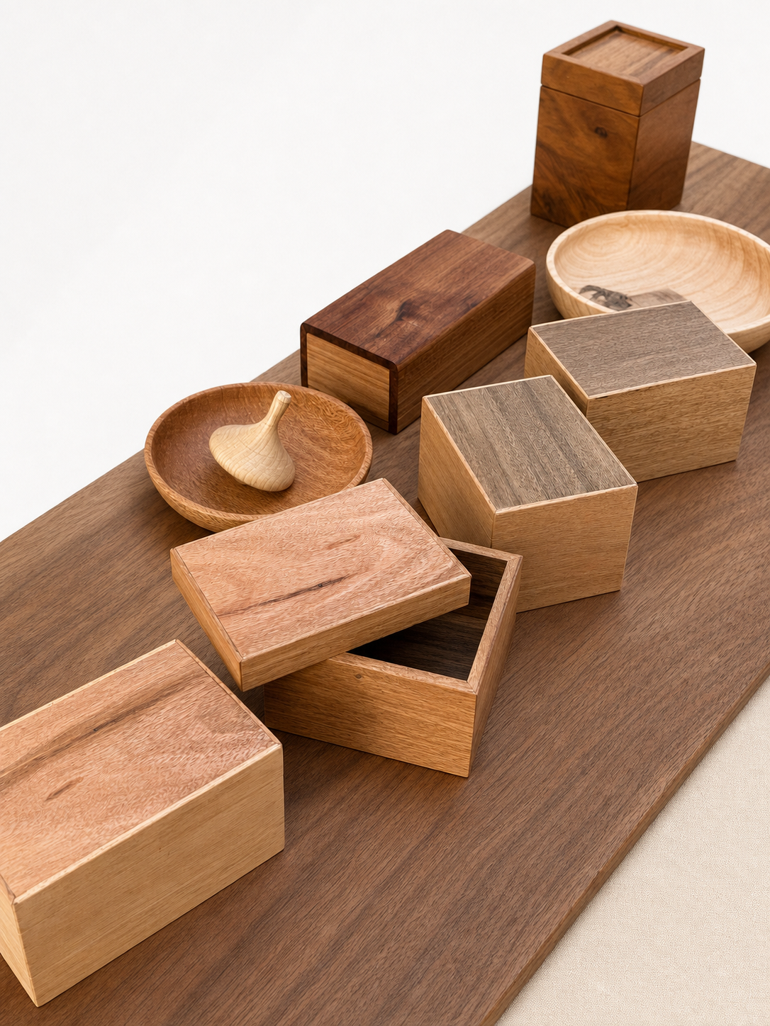 Collection of handcrafted timber boxes and bowls